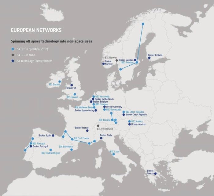 Obr. 3 Mapa rozložení sítě transferu technologií ESA TT Network