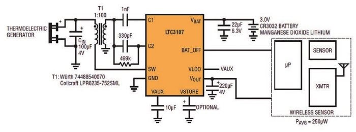 Obr. 2 Systém bezdrátového čidla s baterií a obvodem LTC3107 pro sběr tepelné energie